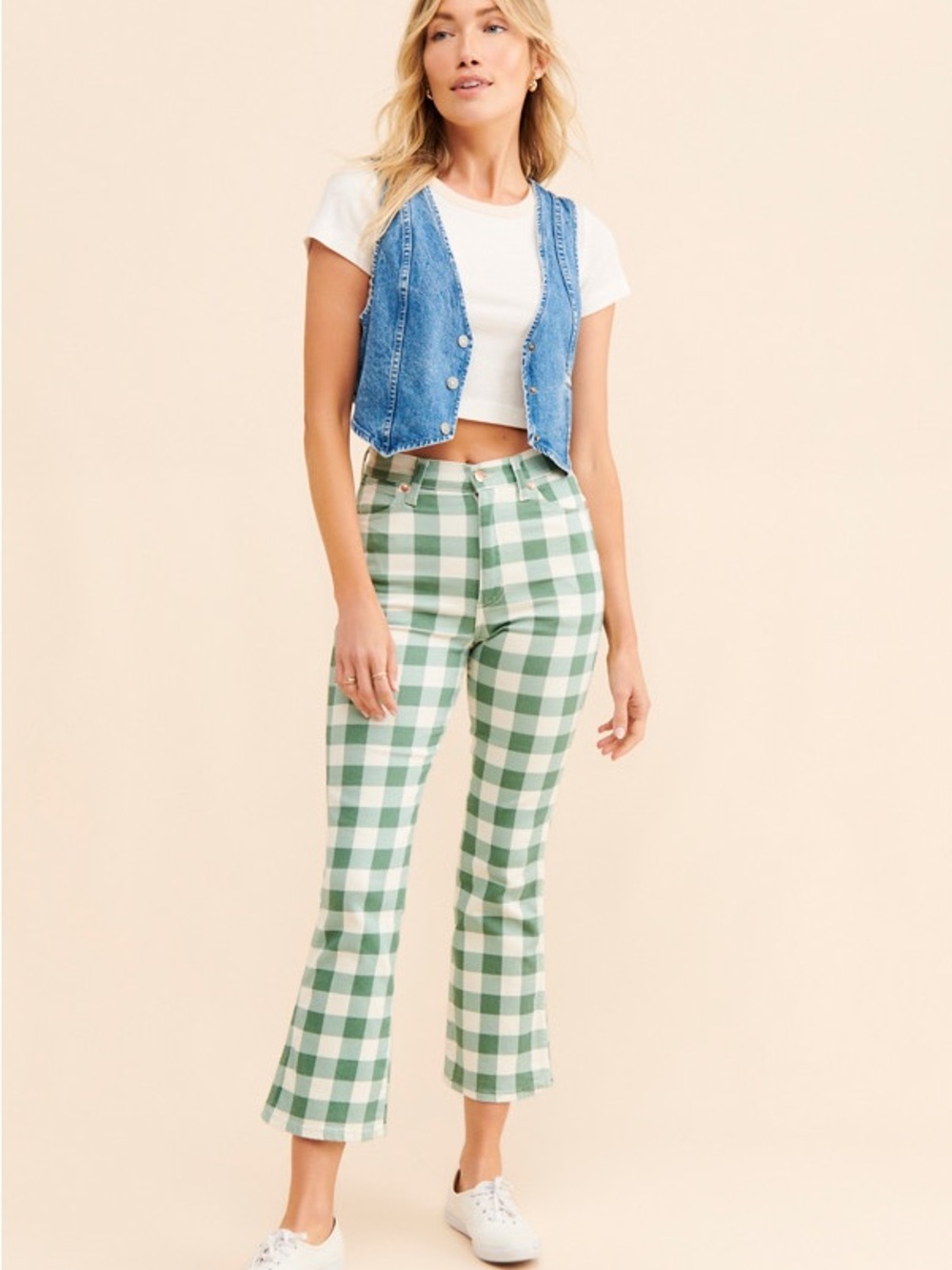 Wrangler Wrock Gingham Kick Flare Jeans Fern Green Size 30
